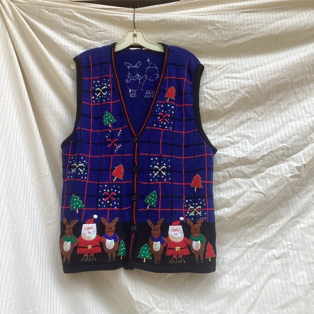 Unbranded Festive Blue Sweater Vest with Holiday Motifs, size XL